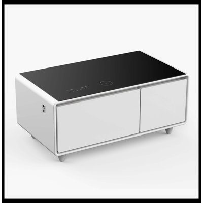 Modern Smart Coffee Table With Built-In Fridge And Freezer Drawers, Bluetooth Speaker, Wireless Charging, Touch Control Panel, USB Ports, Outlet Protection, Atmosphere Light, White