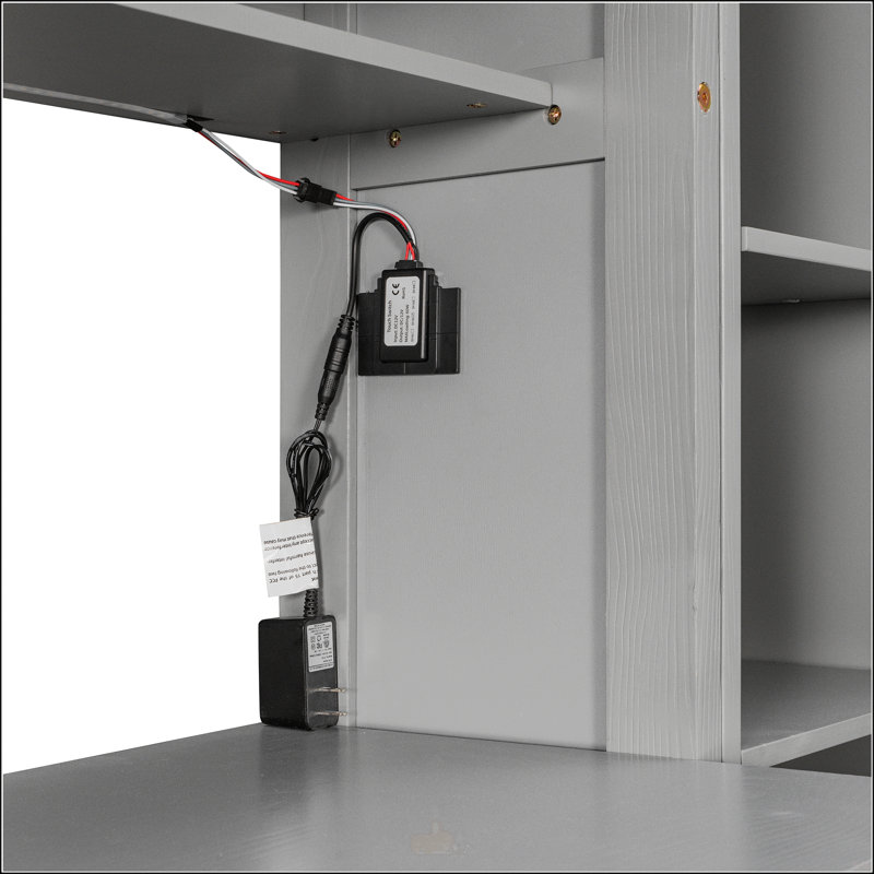 Lit plateforme en bois avec bureau, armoire, tiroirs et éclairage DEL Kelvor, Gris
