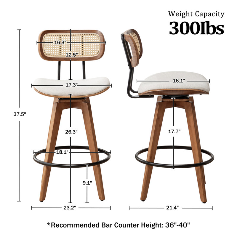 Sirine 4 Pieces Swivel Linen Counter Stool, Beige
