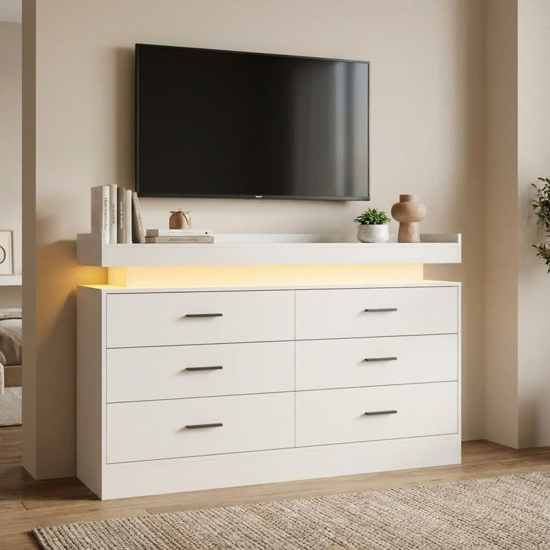 47.24" Modern Dresser for Bedroom, TV Stand with Charging Station, Floating 6-Drawer Sideboard Cabinet for Home, White