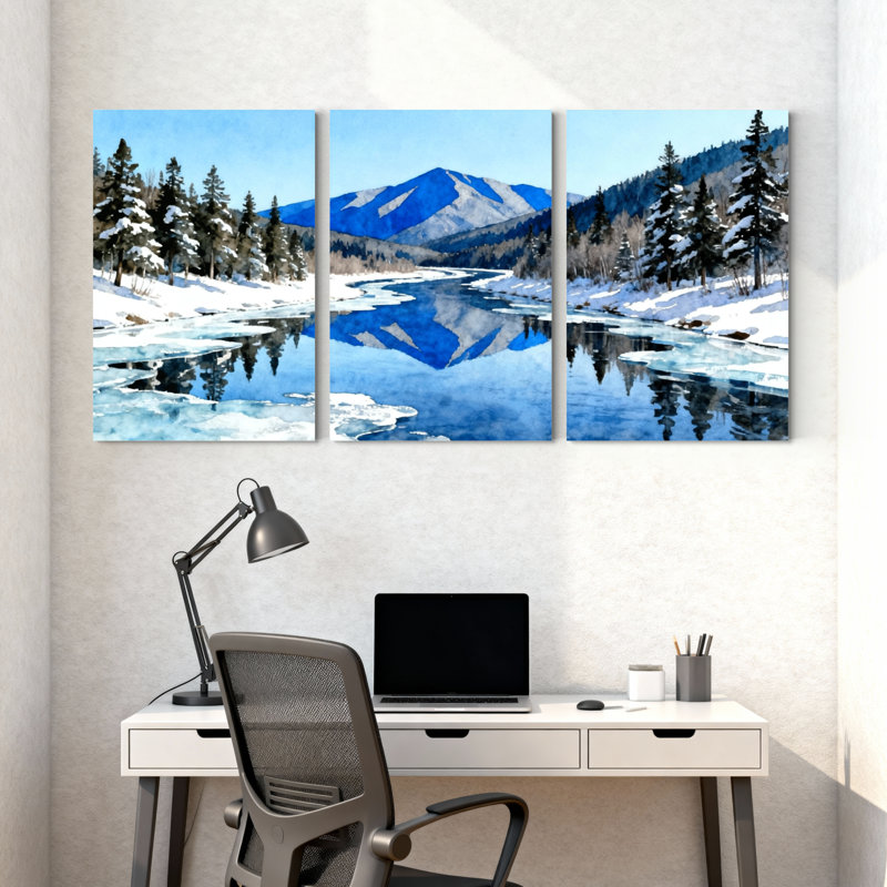 «Winter forest Snowy Mountains Reflect In River Water», ensemble de 3 impressions sur toile, H 24 po x l 48 po
