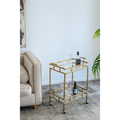 Chariot-bar 23,5 po x 13,5 po x 30 po en laiton antique en aluminium et poignées à deux tablettes pour une utilisation pratique - Rangement mobile à plusieurs niveaux