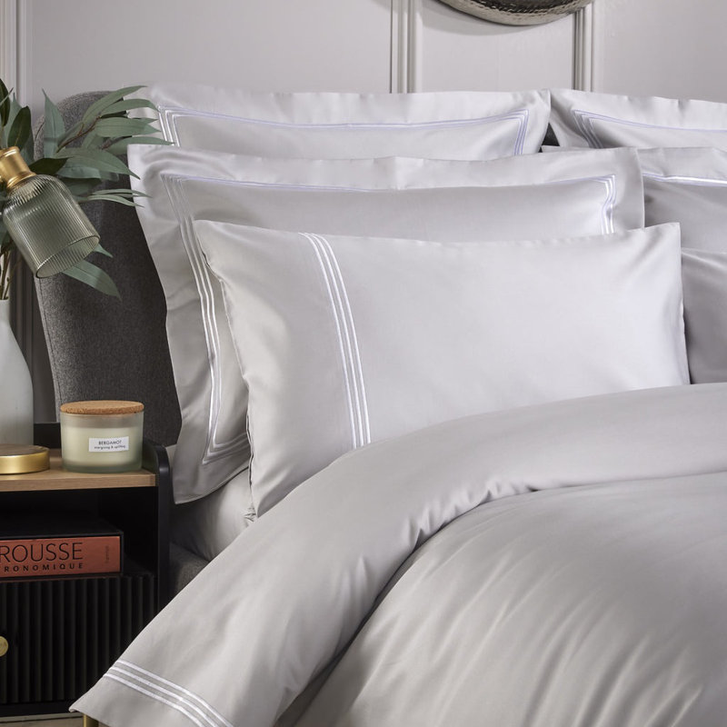 800 Thread Count Triple Row Cord Embroidered Square Pillowcase Pair, Grey/White