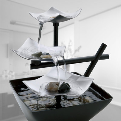 Relaxation Tabletop Water Fountain with 3 Tiers,Natural River Rocks,and a Quiet Pump,Black