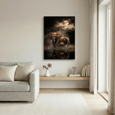 Elephant Family Canvas Wall Art Oil Painting Print Set Of 1