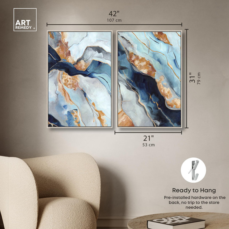 «Blush Pink Whimsy Blue Art», ensemble de 2 impressions sur toile par , H 31 po x l 21 po, Argent argent