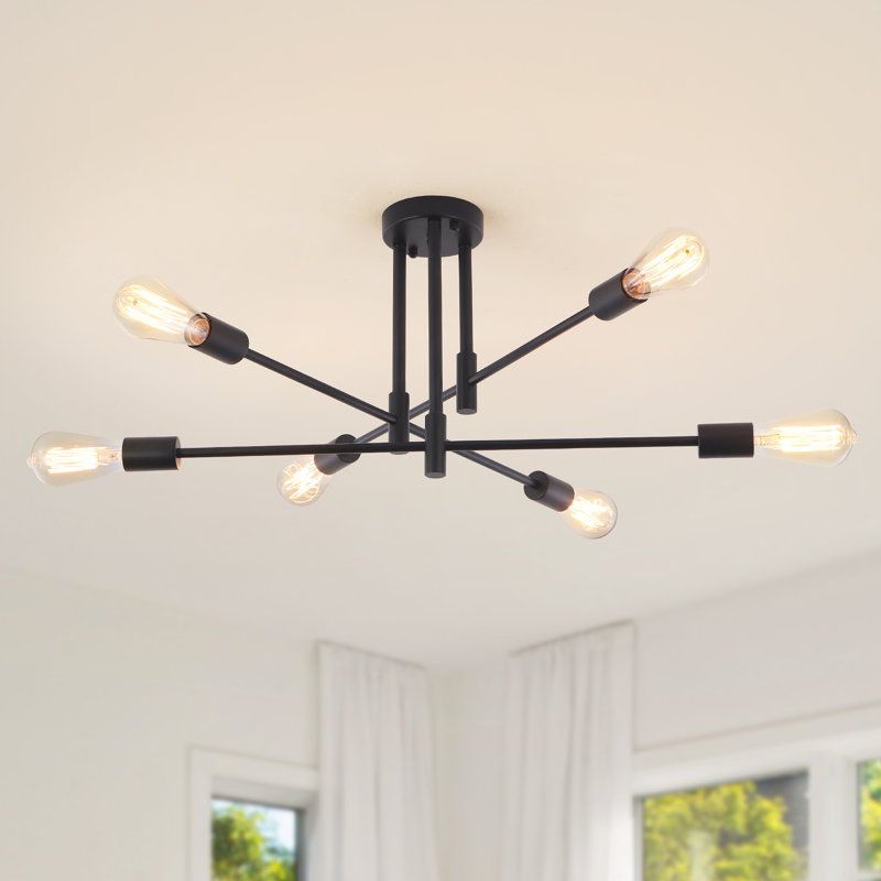 Eiren 6-Light 27.56'' Dimmable Sputnik Chandelier Modern Linear Semi Flush Mount Ceiling Light, Nickel/Light Gold