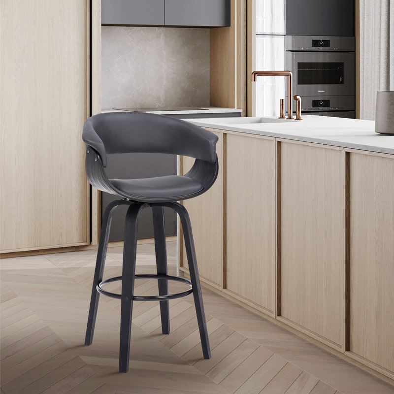 Chagnon Swivel Counter or Bar Height Bar Stool with Arms and Open Back in Faux Leather, Wood, Black Wood, Grey Faux Leather