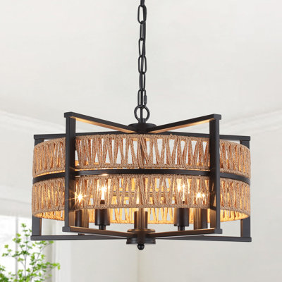 Lustre tambour 5 lumières Boho, luminaire suspendu rustique en rotin 19,5 po avec abat-jour en osier tissé pour la salle à manger