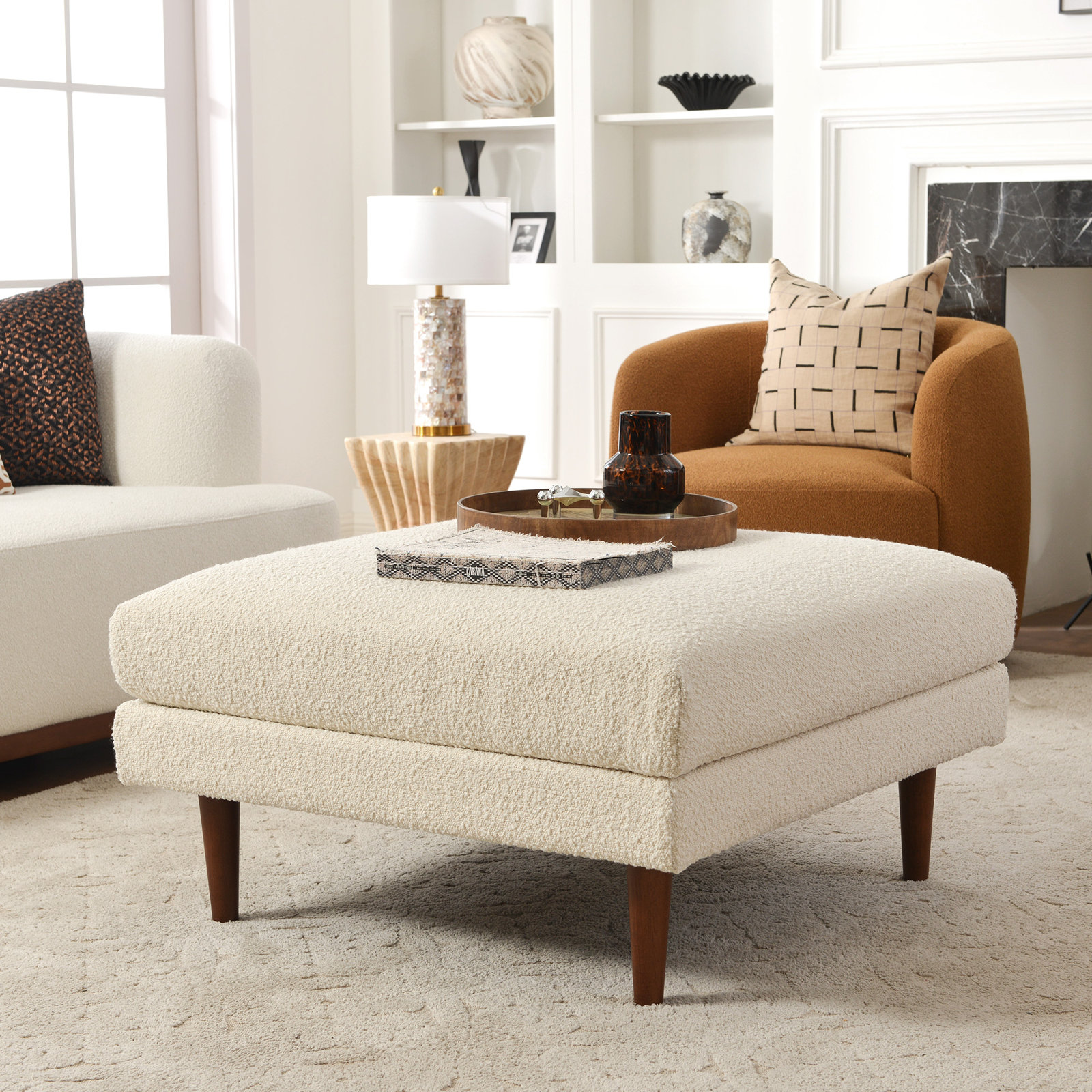 Miller Linen Ottoman, Cream, 19" H x 36" W x 36" D