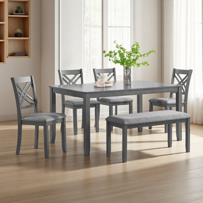 6 Piece Kitchen Dining Set, Rectangular Wooden Dining Table with 4 Upholstered Chairs and a Bench, Dining Table Set for 6 People