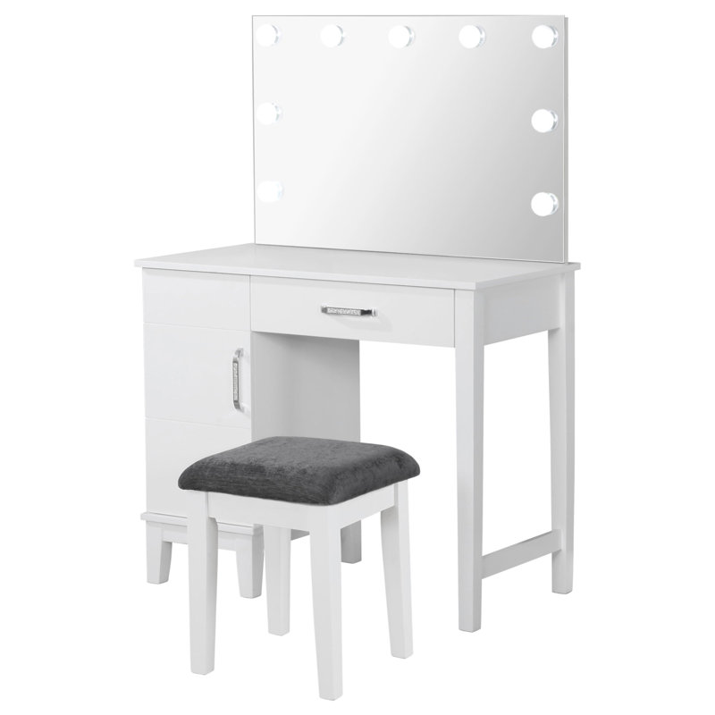 Elijah White And Dark Grey Vanity Set With Lighting And Stool