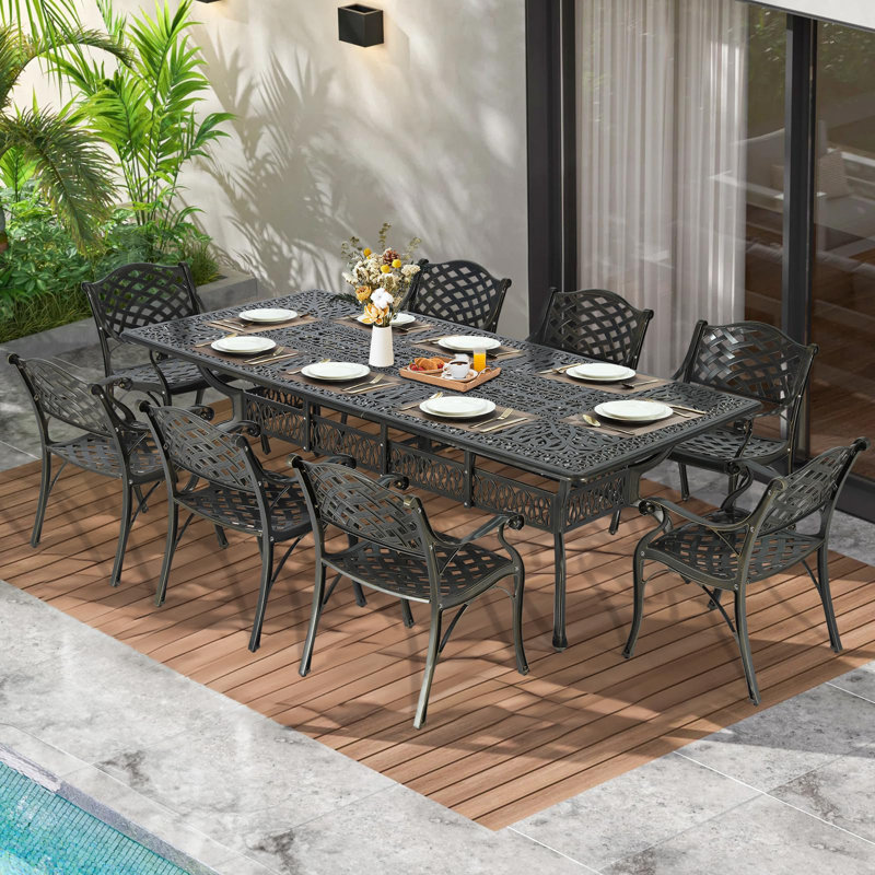 Dark Bronze 9-Piece Cast Aluminum Outdoor Dining Set with Umbrella Hole