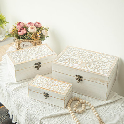 3 Piece Tree of Life Carved Wooden Keepsake Boxes with Lids