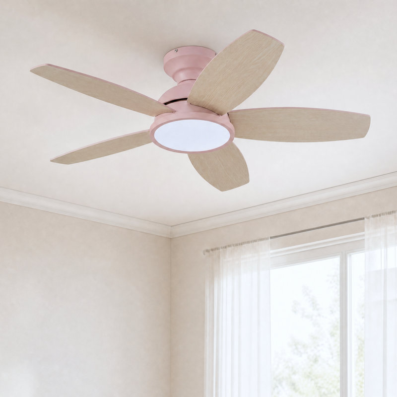 36" Low Profile Flush Mount Small Room Modern Ceiling Fan with LED Light and Remote, Pink