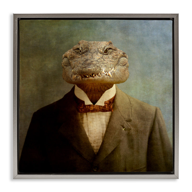 «Alligator in Business suit Grain Floater», art mural sur toile par Martine Roch, Cadre flottant gris lustré