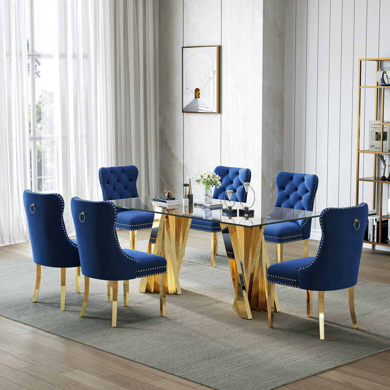 6 - Person Glass Top Double Pedestal Dining Set, Blue/Gold, Gold
