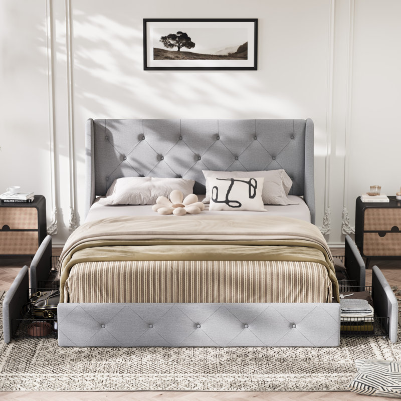  Losada 4-Drawer Upholstered Storage Bed with Wingback Headboard - Maximize Bedroom Space, No-Hassle Under Bed Storage,Full Size
