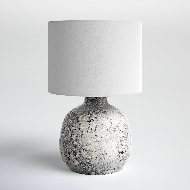 Gray and White Distressed Ceramic Table Lamp with Drum Shade