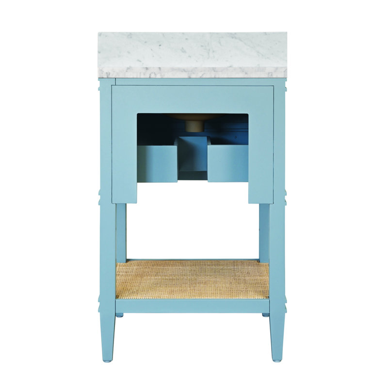 Bath Vanity With Open Cane Shelf, White Marble Top, Porcelain Sink, And Antique Brass Ring Hardware, Matte Light Blue Lacquer