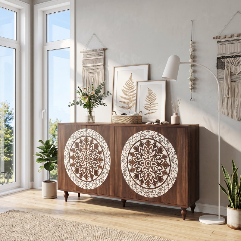 Buffet en chêne sculpté Bargamin Mandala avec portes à pousser, Noyer foncé