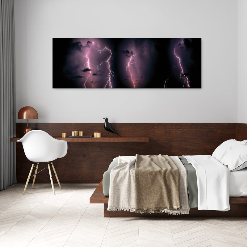Foudre, orage, temps, ciel, nuages, art dramatique abstrait contemporain, paysage mural, H 20 po x l 60 po