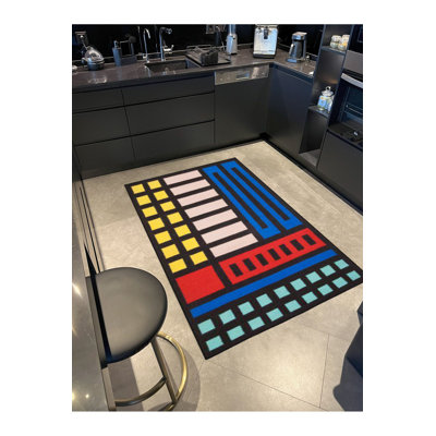  Checkered Geometric Patterned Decorative Machine Washable Rug