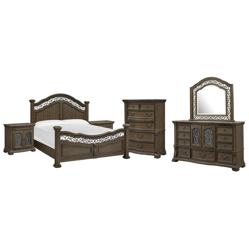 Très grande commode à 2 tiroirs avec miroir de paysage et commode, Beige, 6 Pcs: Bed, 2 Nightstands, Dresser, Mirror, Chest