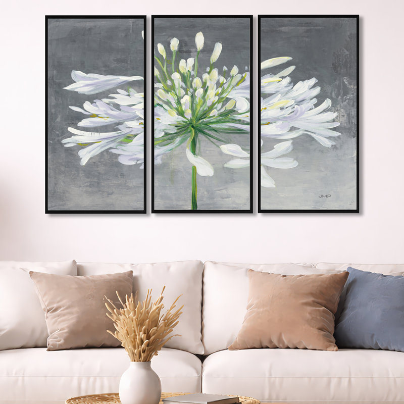 «Flower Cleome Splash I», ensemble d'art mural sur toile encadré traditionnel de 3, H 32 po x l 48 po, Cadre noir