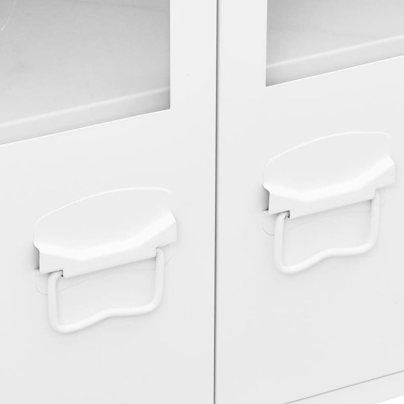 White Industrial Metal and Glass Accent Cabinet with Air Vents