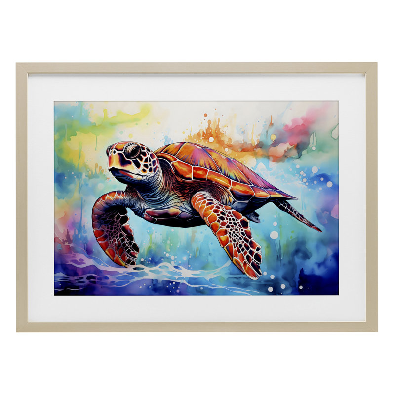 Tortue de mer sur aquarelle, reproduction encadrée sous verre, design par LSR Design Studio, Cadre de récolte en pin
