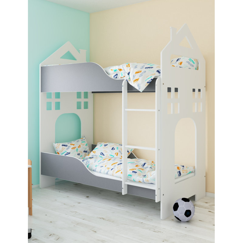 Delgado Bunk Bed with Built-in Ladder Included, 80 x 160cm, White/Grey