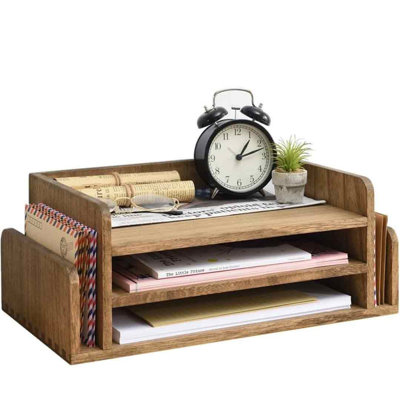 Paper Organizer for Desk - Wood Desk Organizer, 3 Tier Office Desk Organizer with Handle