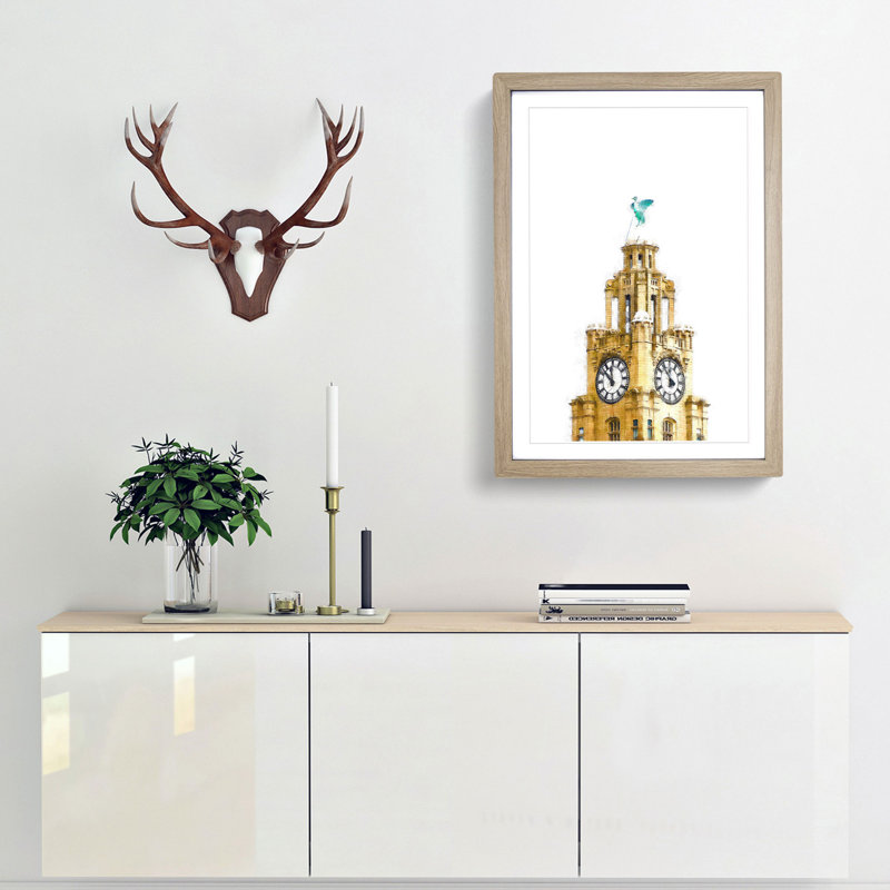 The Liver Building Liverpool - Picture Frame Painting Print on MDF, 63cm H x 45cm W x 2cm D, Oak Framed