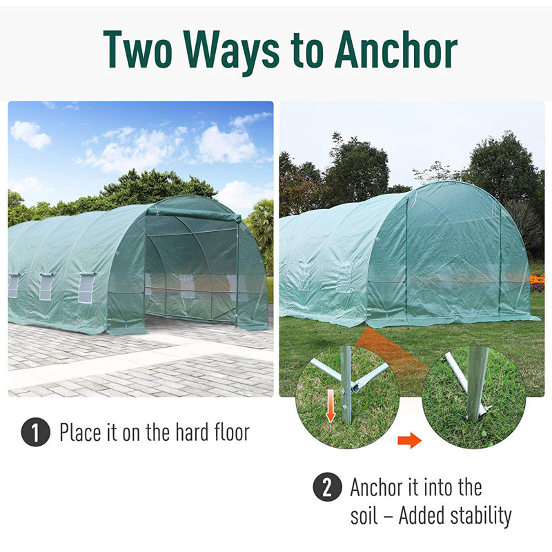 Large Green Steel Frame Walk-In Tunnel Greenhouse with Roll-Up Windows