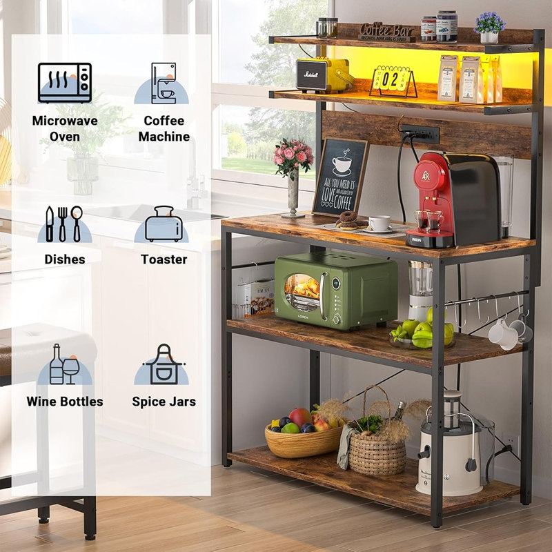 5-Tier Bakers Rack With Power Outlet And LED Lights, Microwave Stand Coffee Bar Station With 6 S-Hooks, Kitchen Storage Shelf And Organizer Rack, Rustic Brown