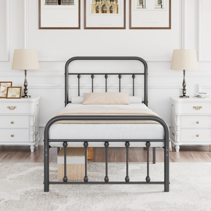 Base de lit simple avec tête de lit et pied de lit Kempst, base de lit plateforme classique en métal, sommier avec support à lattes métalliques robustes, aucun sommier requis, silencieux