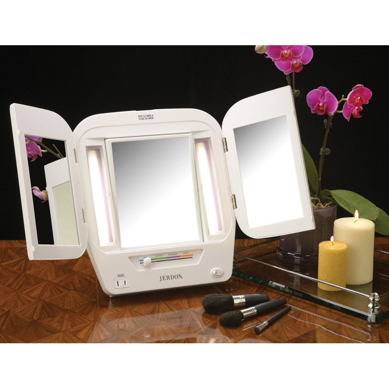 Elegant White Tri-Fold Countertop Vanity Mirror with 5X Magnification