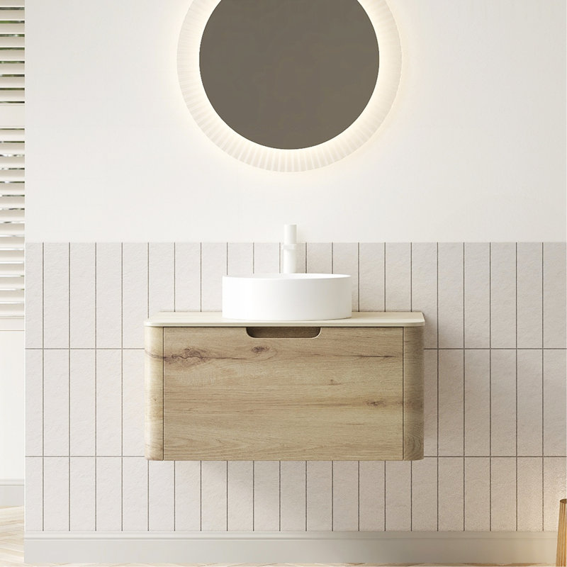 Meuble-lavabo de 30 po avec lavabo, armoire de rangement murale en contreplaqué avec tiroir, lavabo rond en céramique blanche et plateau en pierre frittée à motif de travertin Roma, pré-assemblé, couleur grain de bois de chêne blanc