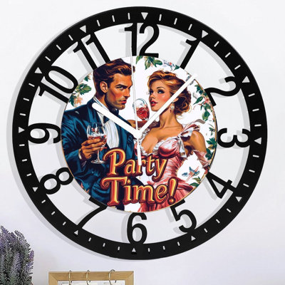 Metal Wall Clock for Living Room -10" Party Time Man Woman Drinking Wine Silent Non Ticking,Battery Operated, Antique Clocks for Farmhouse,Bedroom,Kit
