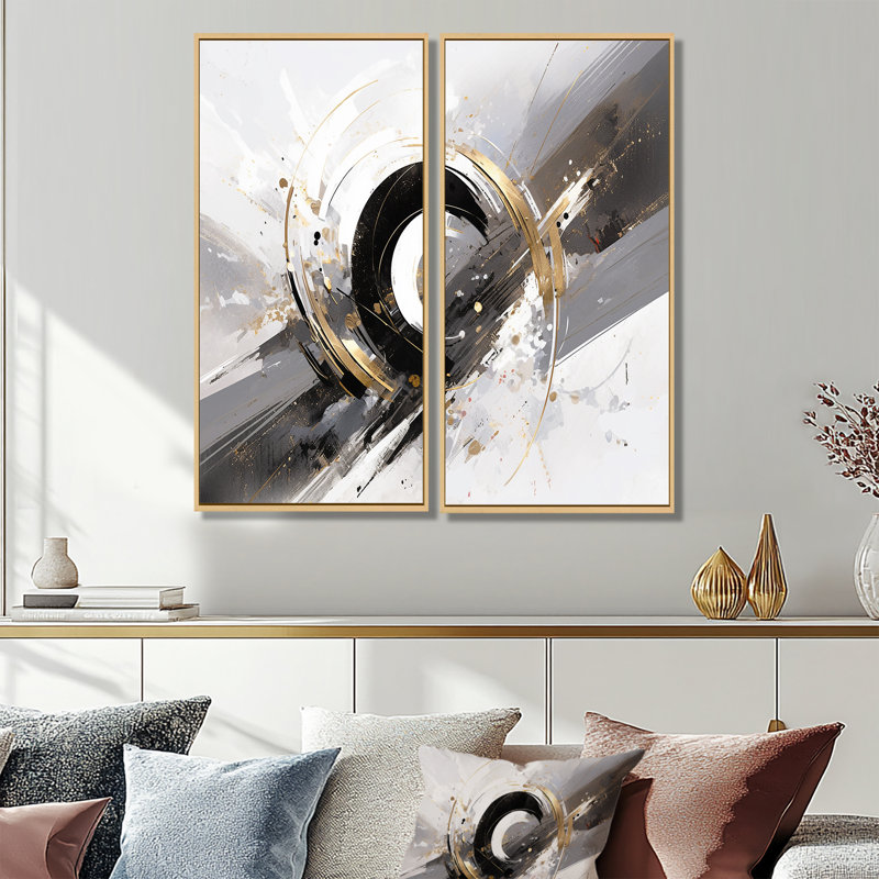 Tourbillons à multiples facettes or gris - Cubisme abstrait, impressions sur toile 2 panneaux, Impression encadrée flottante