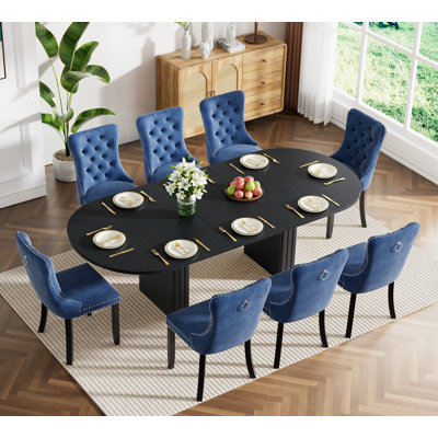 Extendable Dining Table Set, Rustic Oval Dining Room Table & Velvet Dining Chairs with Wood Leg, 62.99" -78.74" Dining Table and Chairs Set, Modern Dining Table Set