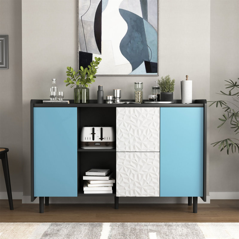 Modern Coffee Bar Cabinet Sideboard Buffet Cabinet With Door, 2 Drawers & 2 Open Storage Comparment, Black/Blue