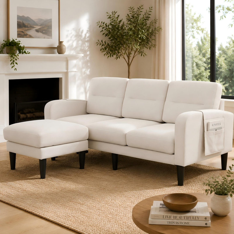 204 cm Wide 3 Seater Fabric Corner Sofa with Reversible Chaise and Side Storage Pockets, Beige