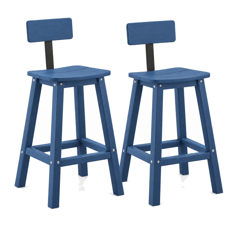Ensemble de 2 tabourets de bar avec dossier, 74 cm (29 pouces), pour îlot de cuisine ou bar, aspect bois texturé bleu, siège et repose-pieds incurvés, gain de place pour intérieur et extérieur.
