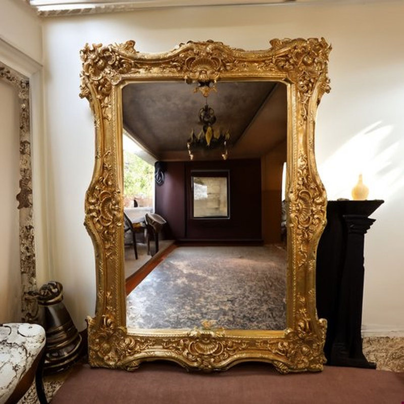 Miroir de plancher rectangulaire en bois manufacturé + bois massif, Or
