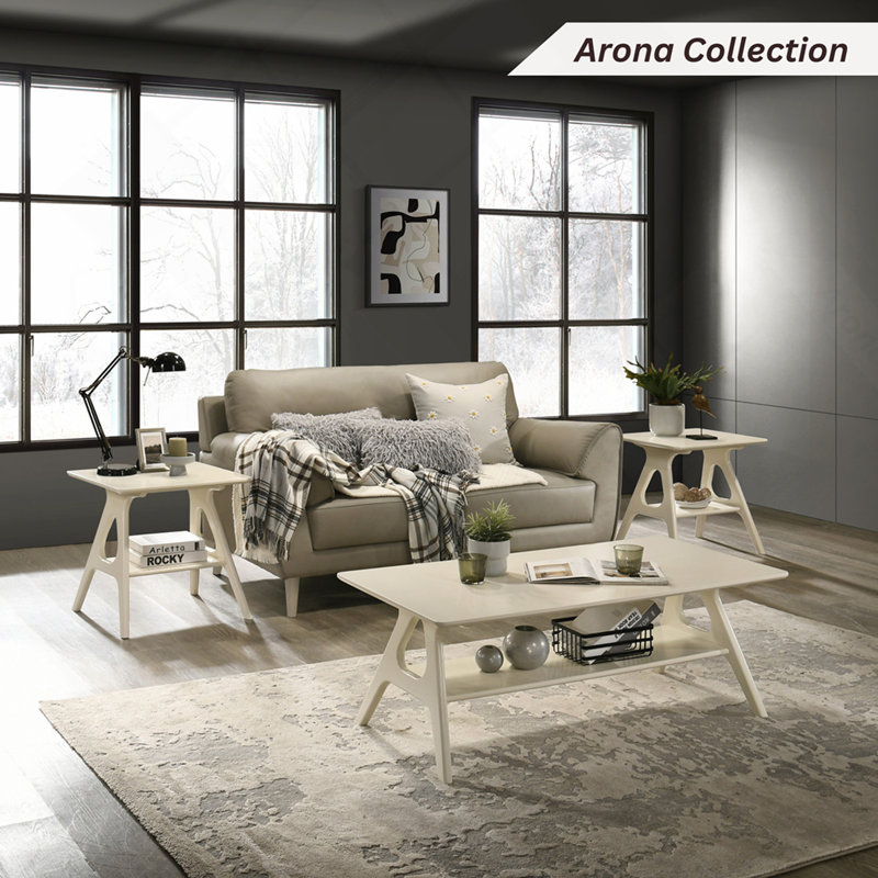 Table de bout avec tablette Mid-Century moderne en bois, finition blanc cassé