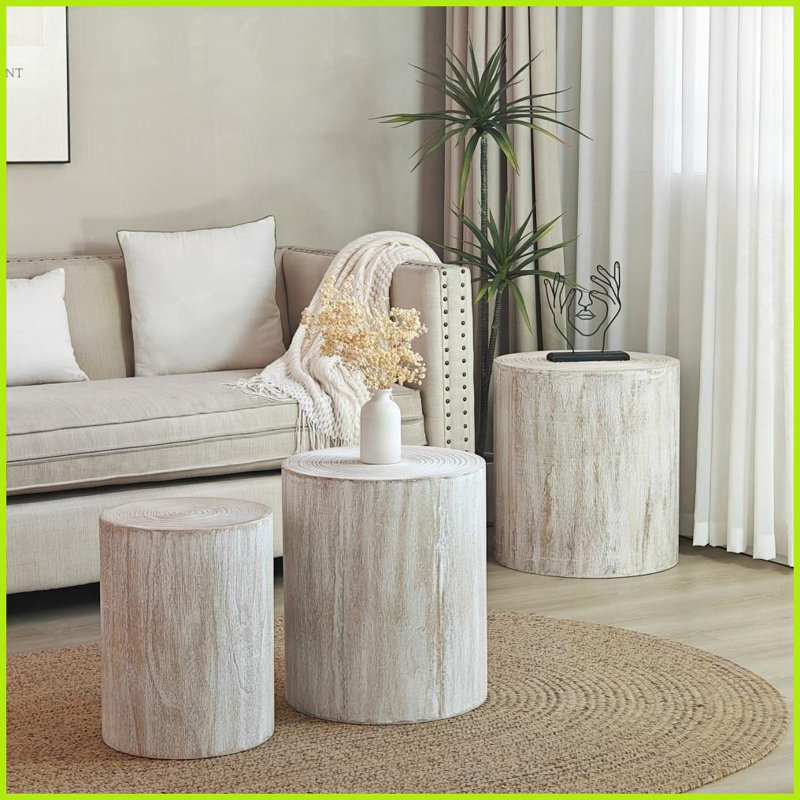 Ensemble de 3 tables basses en bois blanchi peu encombrant - arrondies pour le salon Support pour plante polyvalent