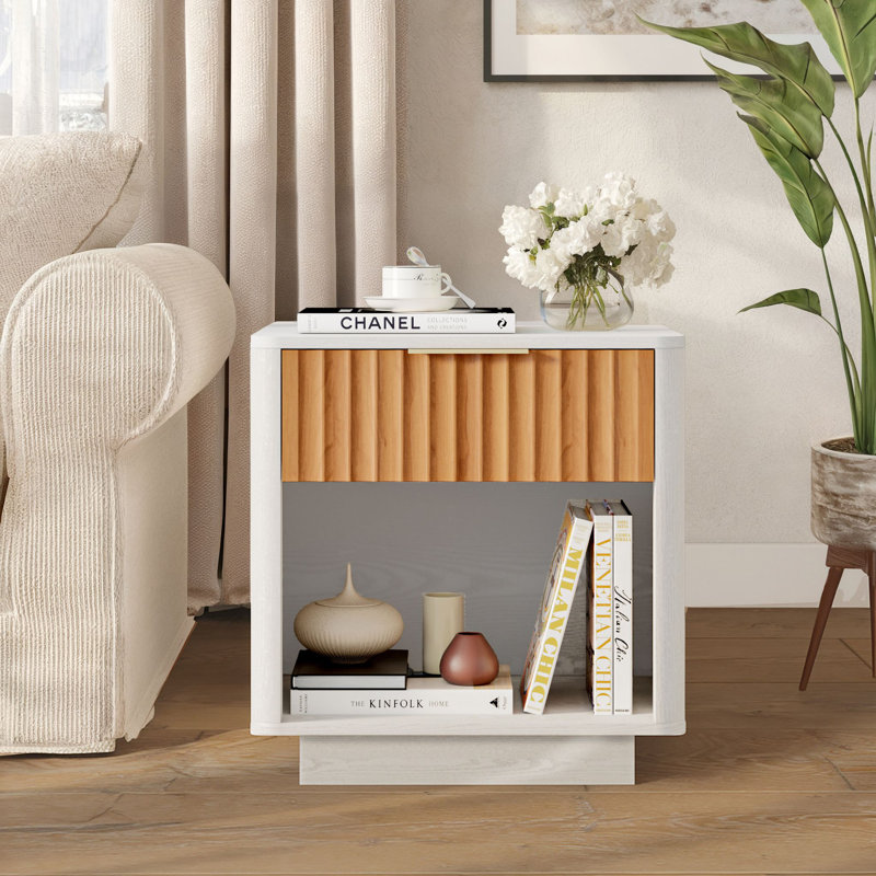 21.6"W Fluted Wooden Nightstand, White/Oak, Individual