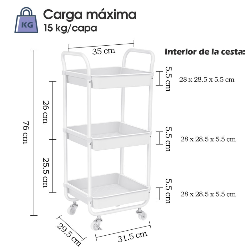 3-Tier Rolling Cart, Utility Cart with Wheels,Metal Cart,Bathroom Cart,Salon Trolley Cart,Kitchen Storage Cart, White
